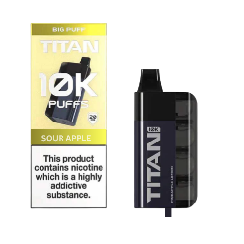 Titan vape device and packaging with 'Sour Apple' flavor on a white background-