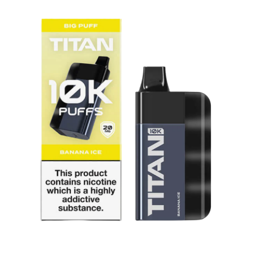 Titan vape device and packaging with '10K Puffs' on a white background-  TITAN 10K banana_ice