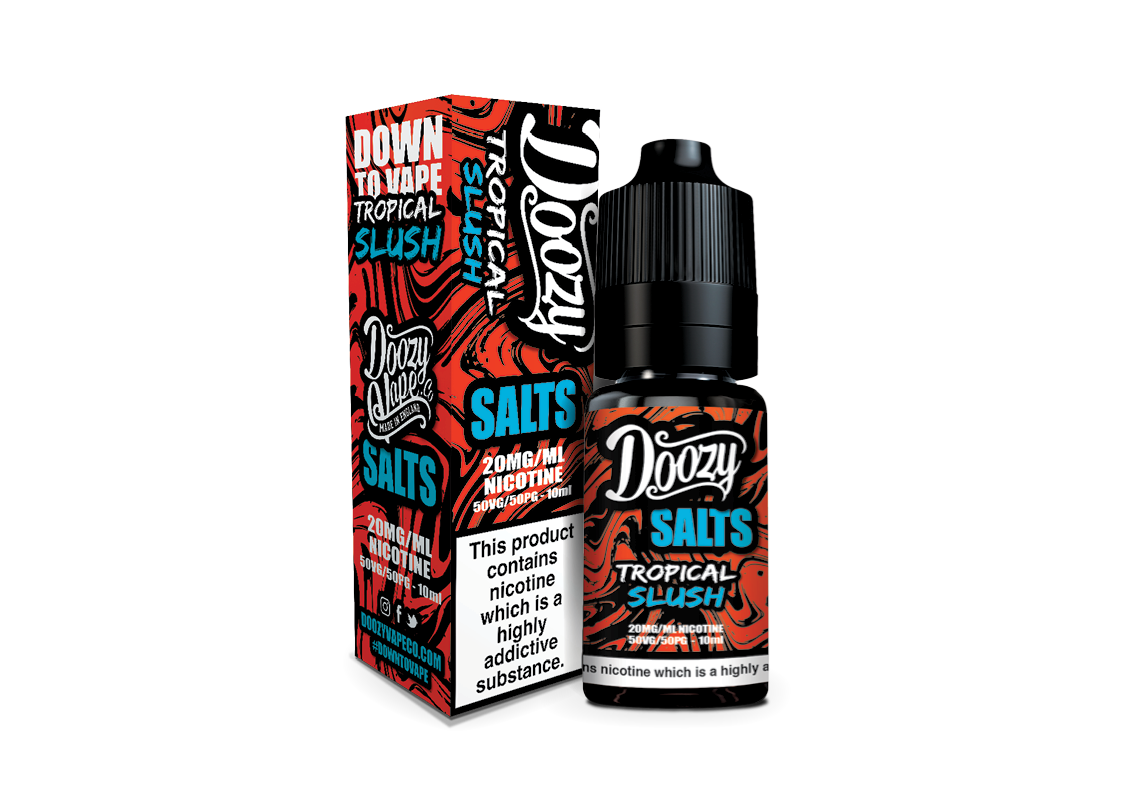 Doozy Salts Tropical Slush vape juice bottle and packaging on a white background