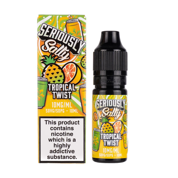 Seriously Salty Tropical Twist vape juice packaging with pineapple and orange design on a white background