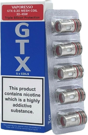 Vaporesso GTX vape coil packaging with coils visible on a white background