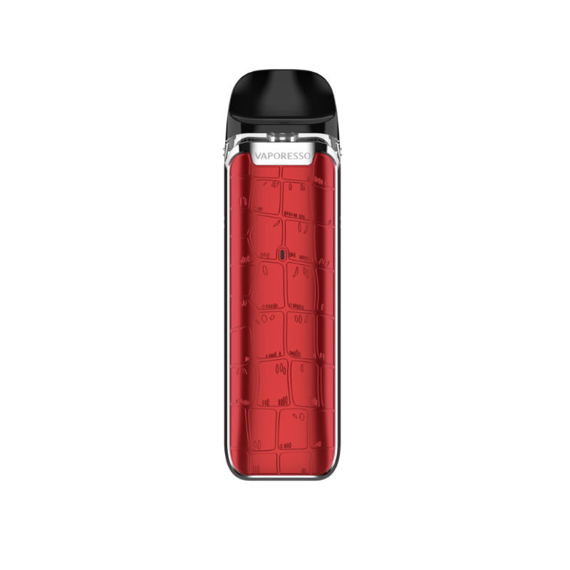 Red Vaporesso vaping device with black top on a white background