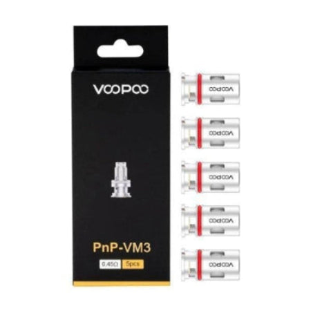 VOOPOO PnP-VM3 vape part packaging with five additional parts on a white background