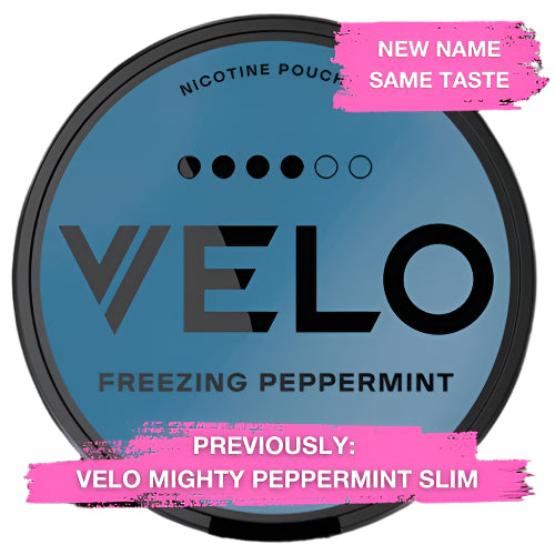 VELO nicotine pouch packaging with blue background and black text, featuring brand name and product description.