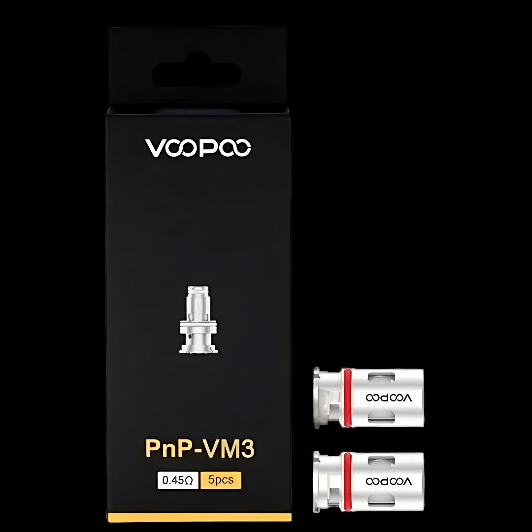VOOPOO PnP-VM3 vape parts packaging with two white and red vape coils on a black background.
