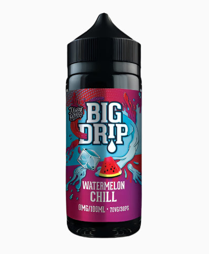 Bottle of Big Drip Watermelon Chill e-liquid with colorful label on a black background