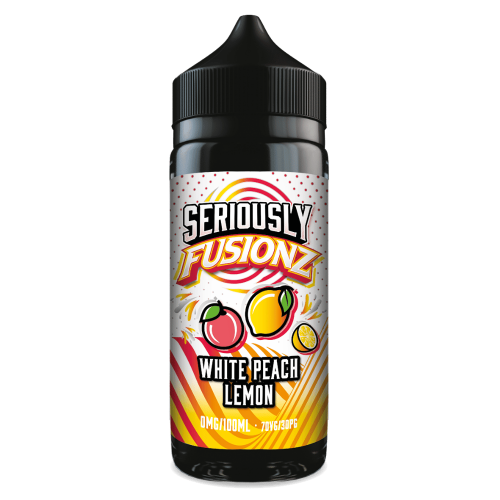 Seriously Fusionz White Peach Lemon vape juice bottle on a green background