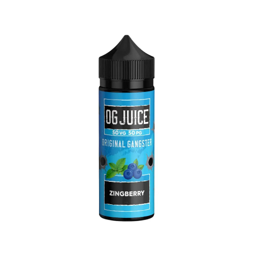 Vape juice bottle labeled 'OG Juice' with 'Original Gangster Zingberry' flavor on a white background