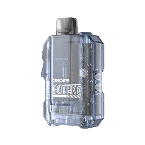 Clear vape device with 'aspire' branding on a white background