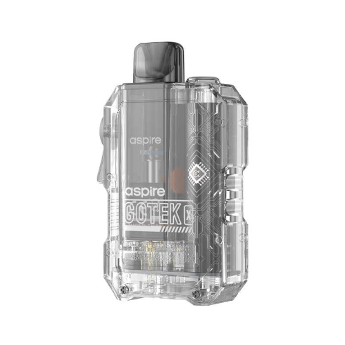 Clear vape device with 'aspire' branding on a white background