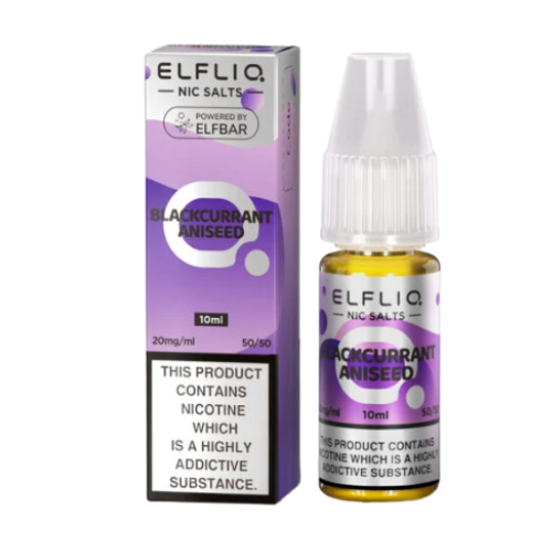 Elfliq Blackcurrant Aniseed nicotine salt e-liquid bottle and packaging on a white background