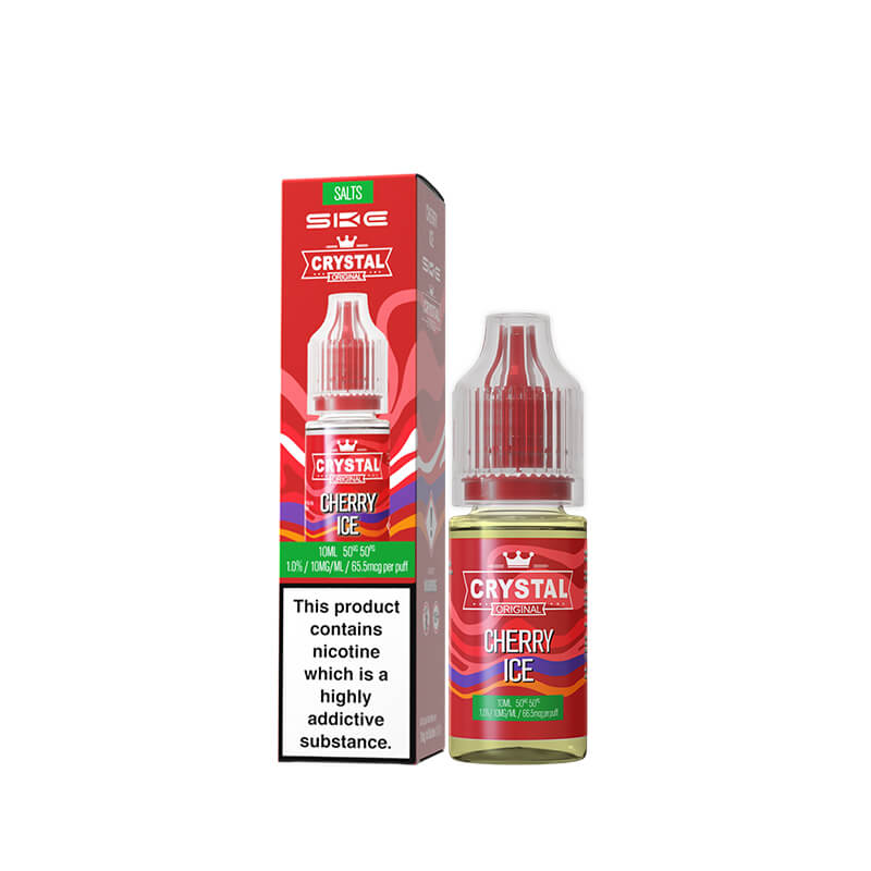 Crystal Cherry Ice vape juice bottle and packaging on a white background