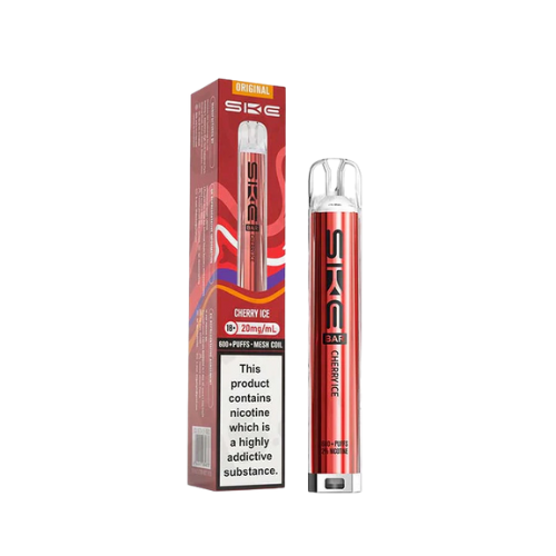 SKE Cherry Ice vape pen with packaging on a white background