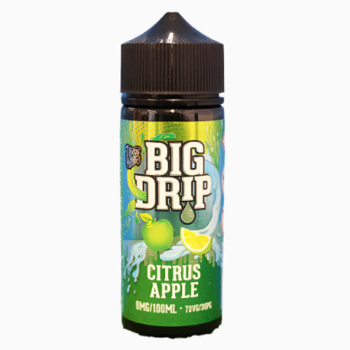 Big Drip Citrus Apple vape juice bottle on a grass and blue background