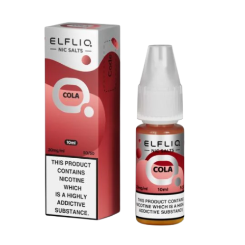 Elfliq Cola nicotine salt e-liquid bottle and packaging on a white background