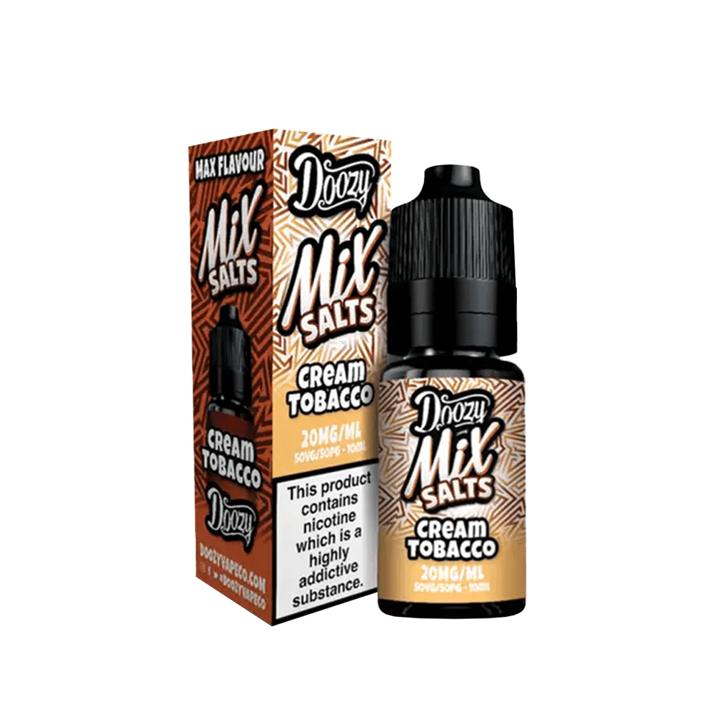Doozy Mix Salts Cream Tobacco e-liquid bottle and packaging on a white background