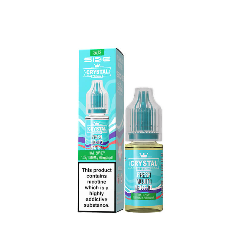 Crystal vape juice bottle and packaging on a white background