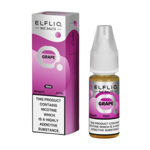 Elfliq grape nicotine salt e-liquid bottle and packaging on a white background