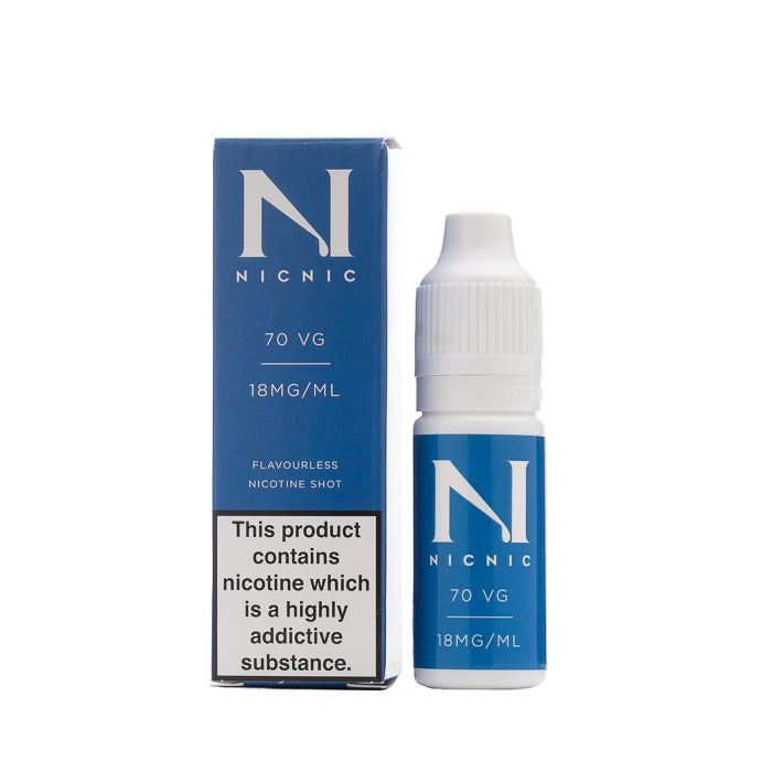 Nicmic nicotine shot bottle and packaging on a white background