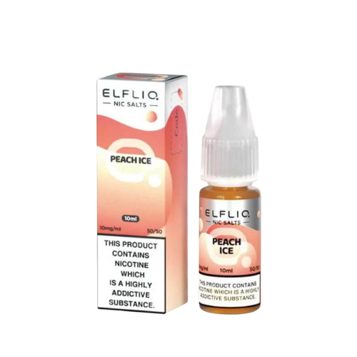 Elfliq Peach Ice nicotine salt packaging and bottle on a white background