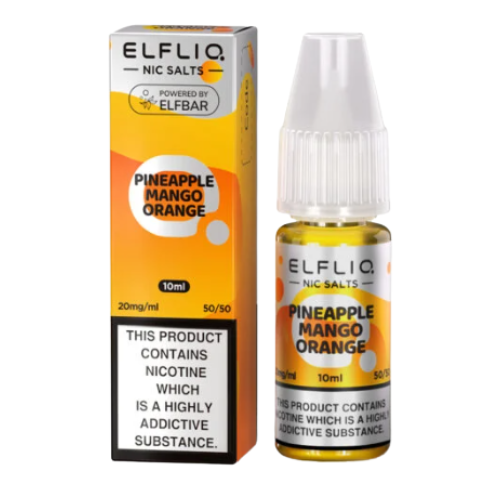 Elfliq Pineapple Mango Orange nicotine salt e-liquid bottle and packaging on a white background