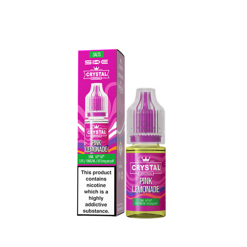 Crystal Pink Lemonade vape juice bottle and packaging on a white background
