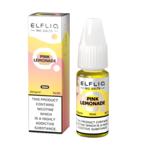 Elfliq Pink Lemonade nicotine salt e-liquid bottle and packaging on a white background