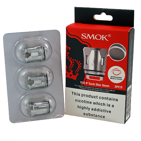 SMOK V12 P Tank Max Mesh vaping product packaging with nicotine warning label.