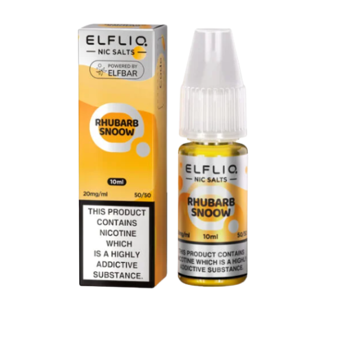 Elfliq Rhubarb Snoow nicotine salt e-liquid bottle and packaging on a white background