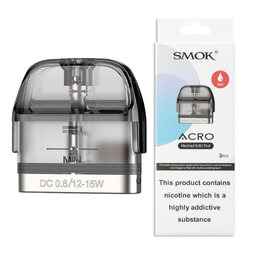Vape pod with packaging labeled 'Smok Acro' on a white background