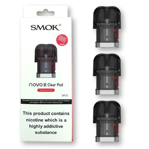 SMOK Novo Clear Pod packaging with three pods on a white background