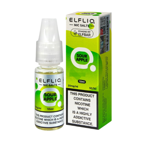 Elfliq Sour Apple vape juice bottle and packaging on a white background