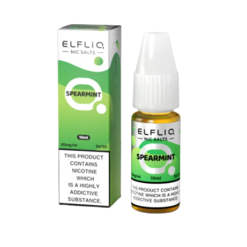 Elfliq Spearmint nicotine salt e-liquid bottle and packaging on a white background