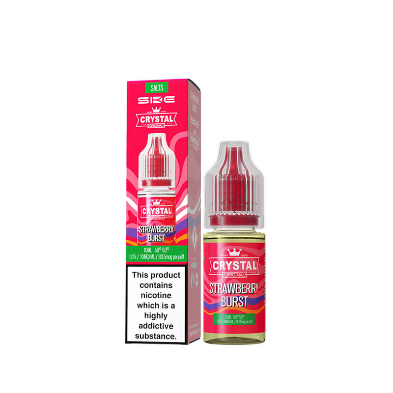 Crystal Strawberry Burst e-liquid bottle and packaging on a white background