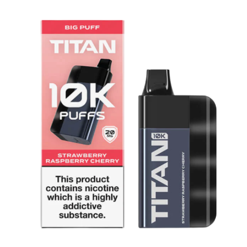 Titan 10K puffs vape device and packaging on a white background-strawberry_rassberry_cherry