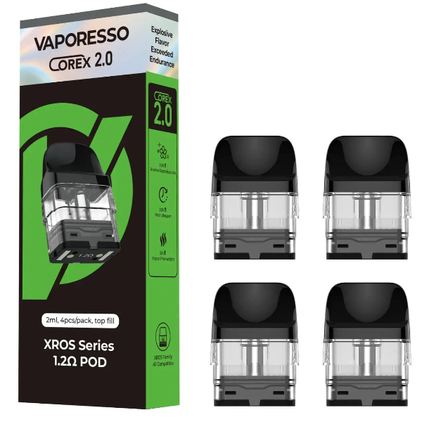 Vaporesso Corex 2.0 vape pod packaging with four black pods on a white background